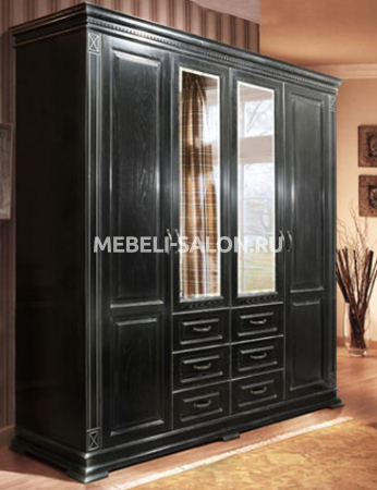 Шкаф 4-х двер. с зеркалом Верди MK41з Черный с серебряной патиной С патиной